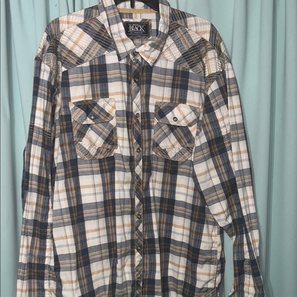BLACK Plaid Button-Down Shirt — Blue, White & Tan Accents